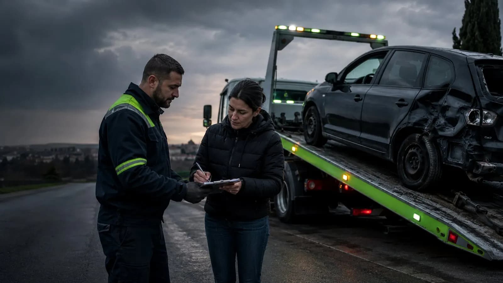 Le dépanneur Stop Auto remplit les papiers avec la propriétaire du véhicule